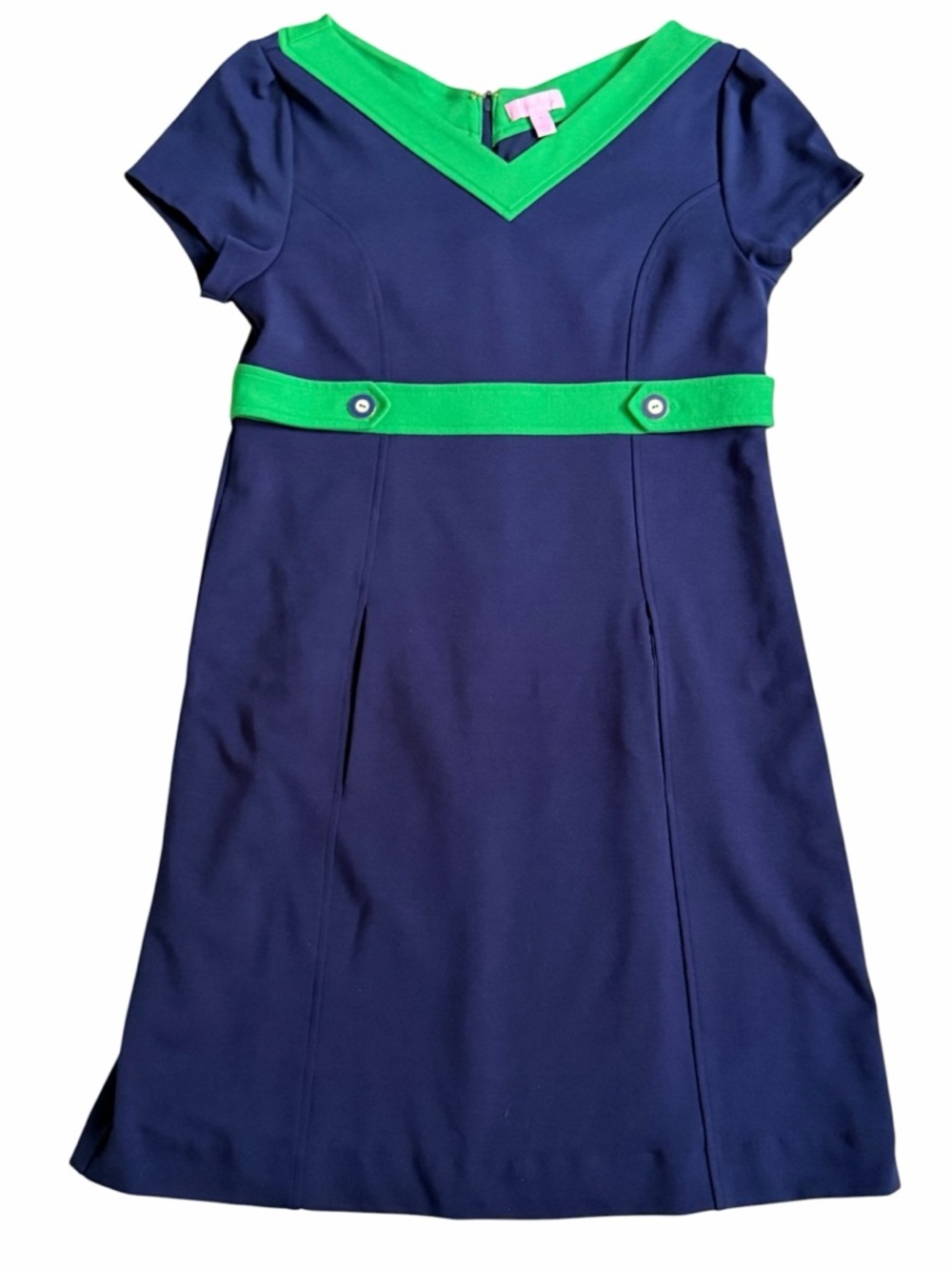 Lilly Pulitzer Dress Navy Blue Green Front Pockets Classic V Neck Size S